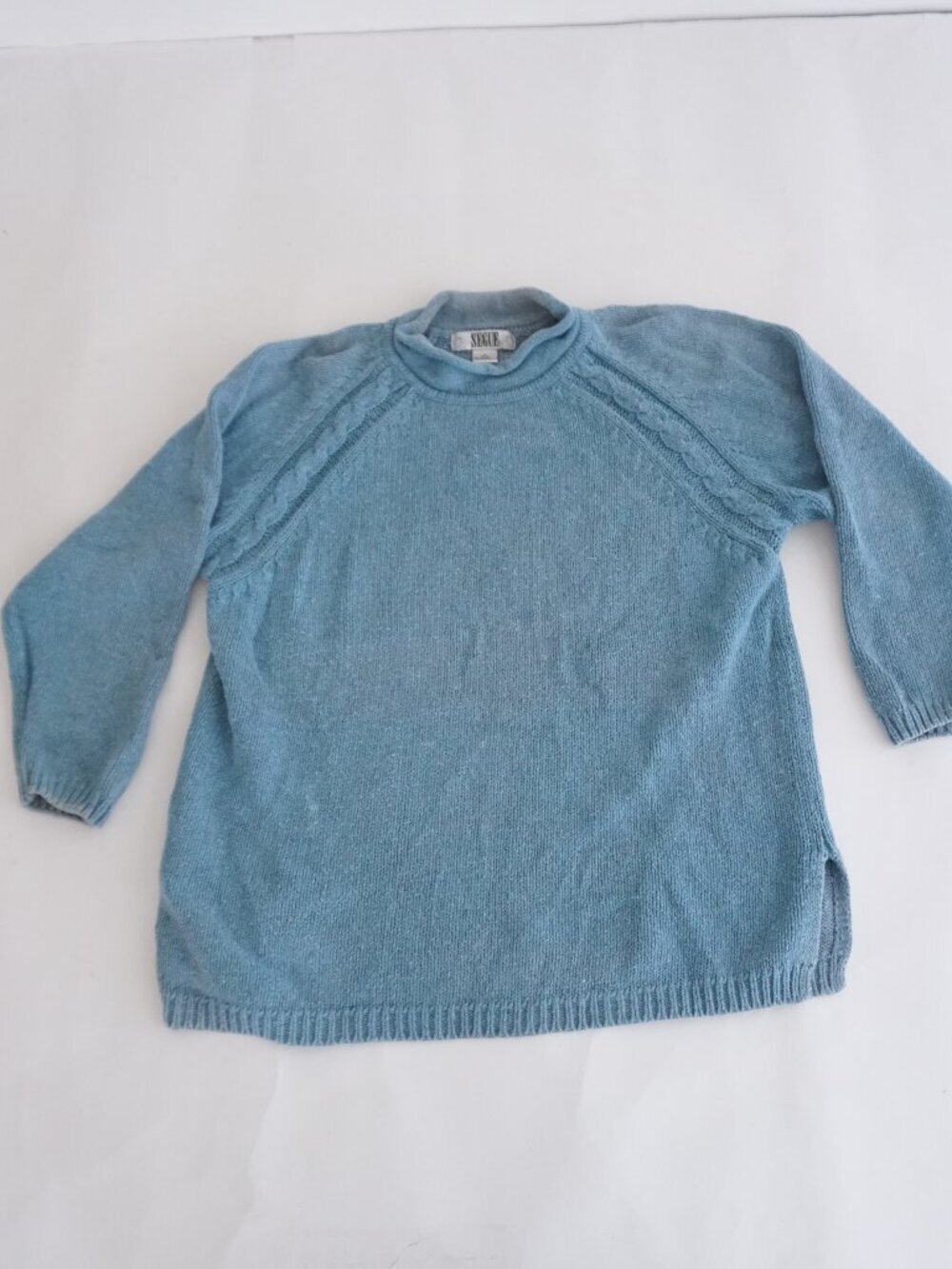 Vintage Segue Blue Cable Shoulder Cotton Ramie Knit Sweater Soft Preppy XL